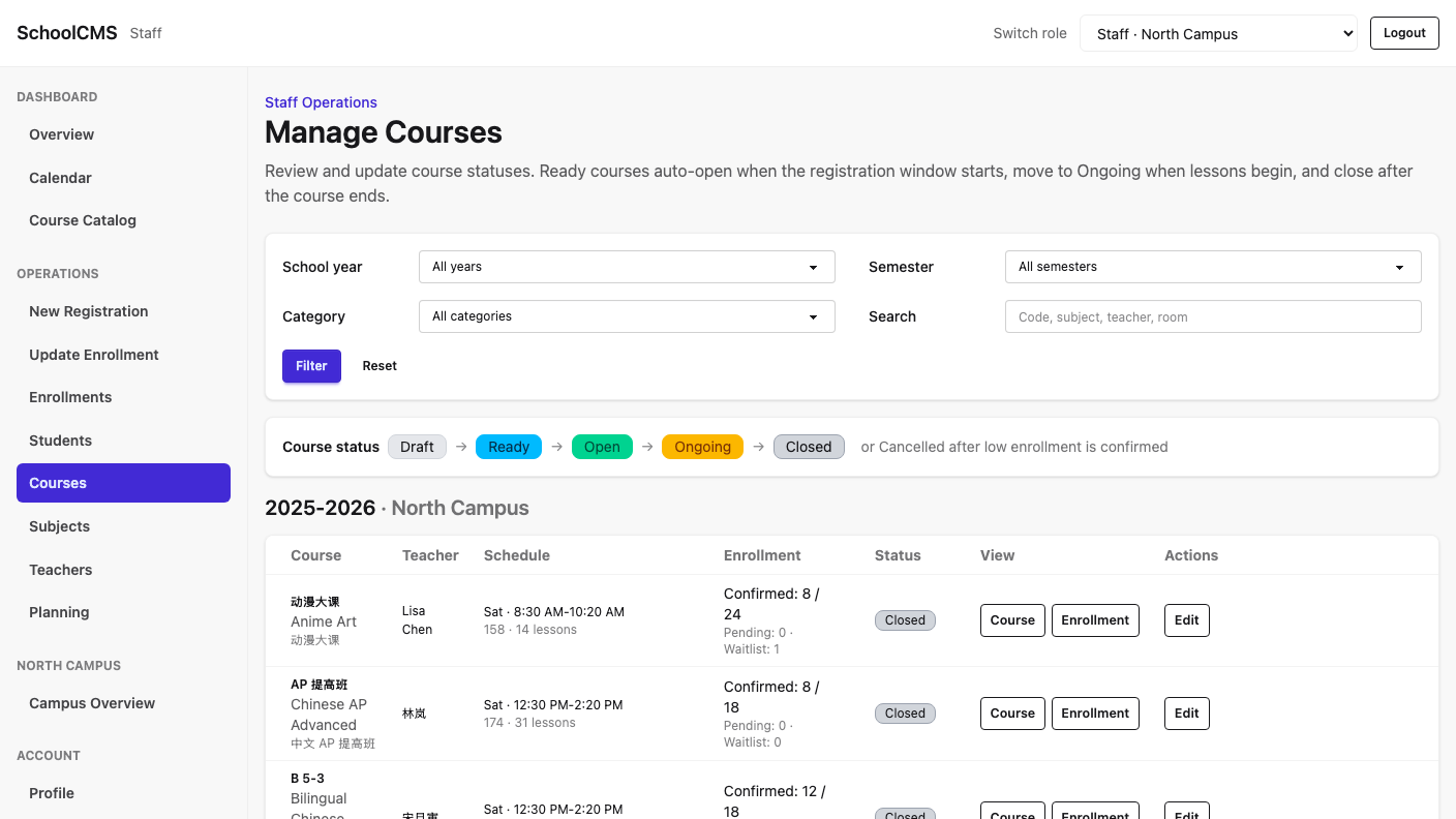 Staff course management with school-year and category filters, course-status legend, and a campus course table showing teacher, schedule, enrollment, and per-row actions.